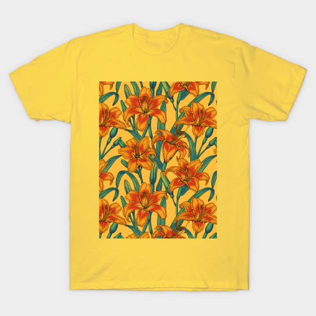 Tawny daylily flowers, blue and yellow T-Shirt by katerinamk